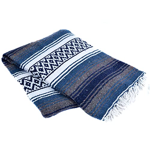 La Montana 6 Pack Mexican Blanket, 74"x50", Slate Blue/Charcoal/White | Heavyweight Falsa Yoga Blanket Woven in Mexico - Decorative Throw for Outdoor, Picnic, Camping, Beach, Saddle, Bed/Home Decor - color: Slate Blue/Charcoal/White