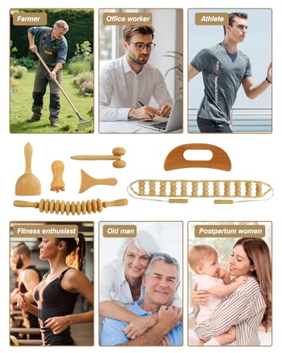 8-in-1 Wood Therapy Massage Tools Kit – Wooden Body Sculpting Roller Set for Lymphatic Drainage, Maderoterapia Gua Sha Massage Tools for Stomach, Abdomen Contouring & Muscle Relief