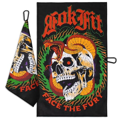 RokFit Gym & Golf Towel – Multi-Use, Quick-Dry, Durable Utility Towel with Bold Graphic and Carabiner Clip (Face The Fury) - color: Face the Fury