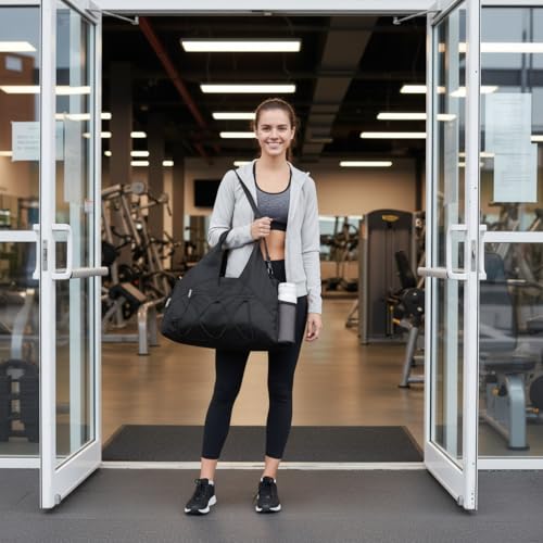 Forestfish Gym Bag For Women With Yoga Mat Holder, Black | Shoe Compartment, Wet Dry Storage Pocket, Removable Shoulder Strap, Lightweight & Water Resistant - color: Black