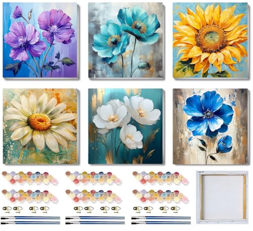 SYDYLH 6 Pack Paint by Numbers Kit for Adults/Kids, Easy Framed Adults Paint by Numbers Kits, DIY Simple Flowers Acrylic Oil Painting Number Kits for Home Wall Decor (8 x 8 Inch) - color: Flowers Paint By Numbers with Framed 6-pack, size: 8''x8''-with Fra