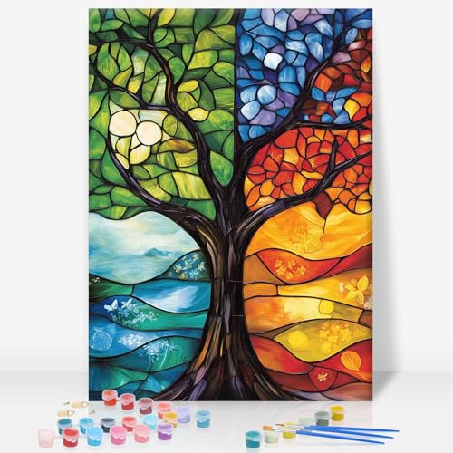 GEEHEIY Framed Paint by Numbers Kit for Adults, Tree of Life, 8 x 12 Inch | DIY Adult Paint by Number Kit for Beginners, Stained Glass Wall Decor, Stress Relief Craft Gift, Creative Hobby - color: TRTD1PF308
