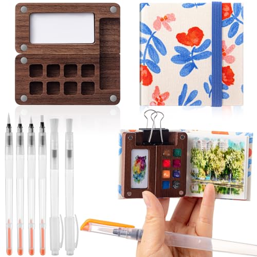 Qilery Mini Portable Watercolor Palette Set Wooden Grid Paint Box Watercolor Paper Sketch Book Brush Pens with Binder Clip for Painters Artist Not Include Paint(Azalea) - style: Azalea