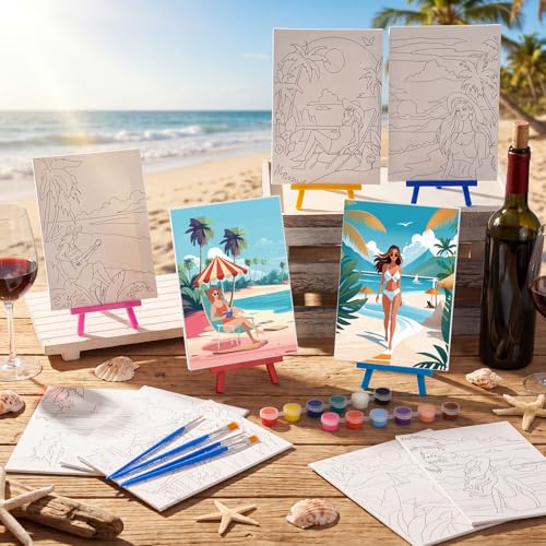 Blosssound 10 Set Pre Printed Canvas Pre Drawn Canvas Painting with Easel Kits 5" x 7" Outline Painting Panels for Beginners, DIY Craft Project, Party Favor, Home Decors(Hawaii Women) - style: Hawaii Women