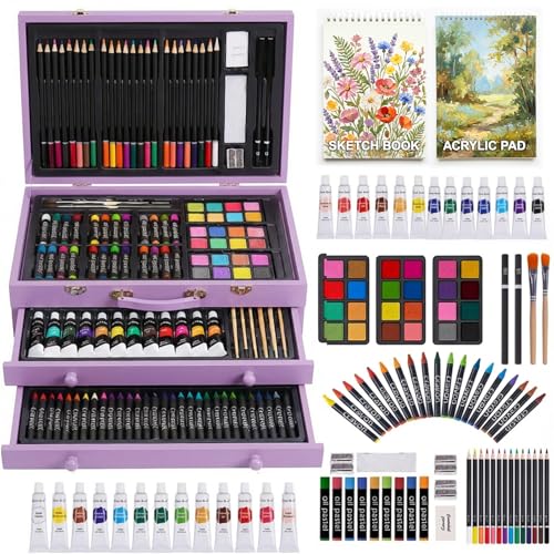 175 Piece Deluxe Art Set with 2 Drawing Pads, Acrylic Paints, Crayons, Colored Pencils, Paint Set in Wooden Case, Professional Art Kit, Art Supplies for Adults, Teens and Artist, Paint Supplies - color: Purple