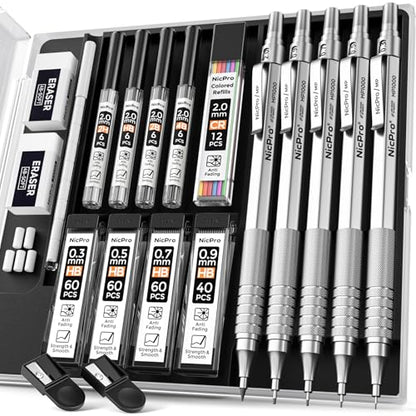 Nicpro Metal Mechanical Pencil Set 5 PCS Art Drafting Pencils For Sketching | 0.3, 0.5, 0.7, 0.9 mm & 2mm Graphite Lead Holder For Drawing With 9 Tubes (4B 2B HB 2H Colors) Lead Refills Erasers Case - color: Silver, style: 0.3 0.5 0.7 2.0