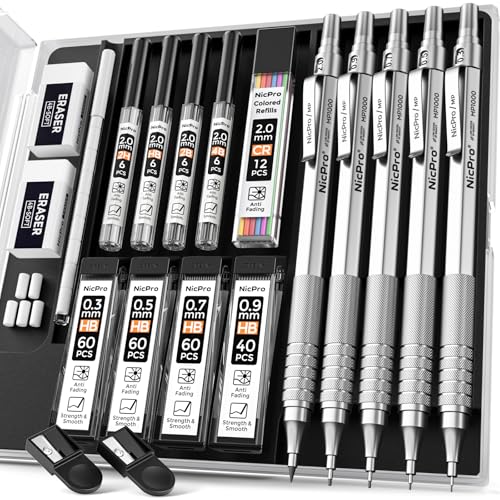 Nicpro Metal Mechanical Pencil Set 5 PCS Art Drafting Pencils For Sketching | 0.3, 0.5, 0.7, 0.9 mm & 2mm Graphite Lead Holder For Drawing With 9 Tubes (4B 2B HB 2H Colors) Lead Refills Erasers Case - color: Silver, style: 0.3 0.5 0.7 2.0