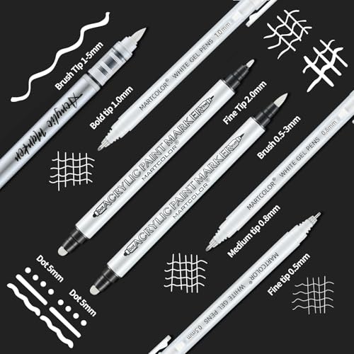 MARTCOLOR White Pens Set, 7 Pack White Gel Pen Dual-Tip Acrylic Paint Pen | 05/08/10mm Opaque Gel Ink Pen Brush Tip Acrylic Markers for Drawing, Sketching, Illustration, Card Making, Bullet Journaling