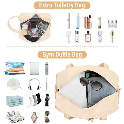 Sports Gym Bag for Women, Travel Duffle Bag with Shoe Compartment & Wet Pocket, Fitness Yoga Bag - color: Beige