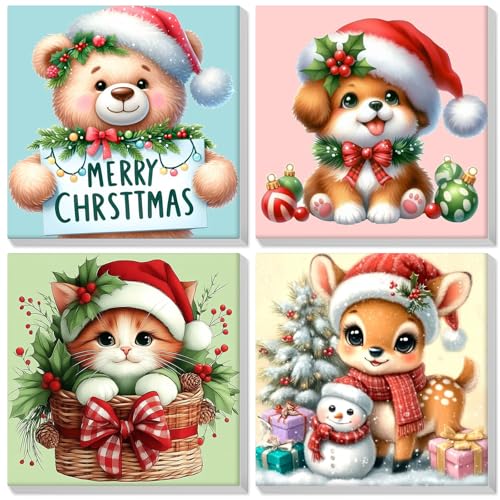 Bowetile 4 Pack Framed Paint by Numbers Christmas for Adults, Animals Paint by Numbers for Kids Ages 8-12 on Canvas, Acrylic Bear Cat Dog Deer Number Painting Christmas Gifts for Home Decor, 8x8in - color: Animals, Bear, Cat, Dog, Deer