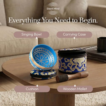Silent Mind Tibetan Singing Bowl Set – Easy to Play & Beginner Friendly Meditation Bowl with Cushion, Mallet & Case | Stress Relief & Mindfulness | Gift-Ready - color: Blue, size: With Case