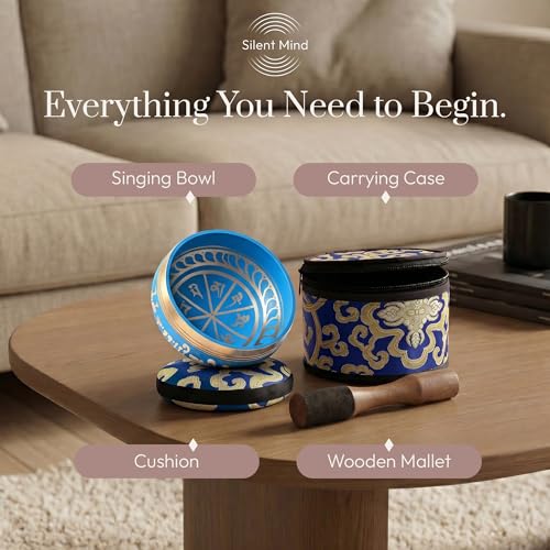 Silent Mind Tibetan Singing Bowl Set – Easy to Play & Beginner Friendly Meditation Bowl with Cushion, Mallet & Case | Stress Relief & Mindfulness | Gift-Ready - color: Blue, size: With Case