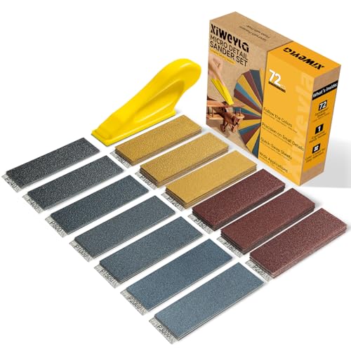 72PCS Premium Sandpaper Set with Ergonomic Hand Sander – Micro Sander & Detail Sander Sanding Sheets, 13 Grit Levels 80–3000, Color-Coded Sandpaper for Wood, Crafts, DIY & Furniture Projects