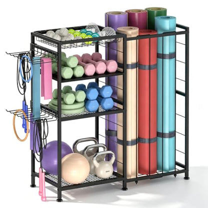 Yoga Mat Holder 4 Tier Home Gym Storage Rack with Hooks and Basket, Metal Sports Equipment Organizer for Dumbbells, Kettlebells, Exercise Balls and Sports Gear, Black