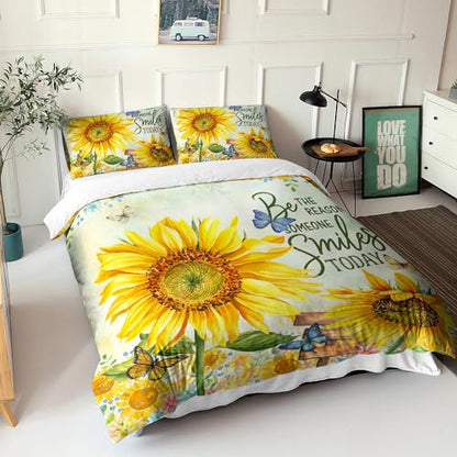 AILONEN Sunflower Duvet Cover Set Queen Size,Garden Sunflowers Bedding Set,Yellow Flowers Comforter Cover Set,3 Pieces Butterfly Sunflower Duvet Cover Set, 1 Quilt Cover and 2 Pillowcases - color: Sunflower43, size: Queen