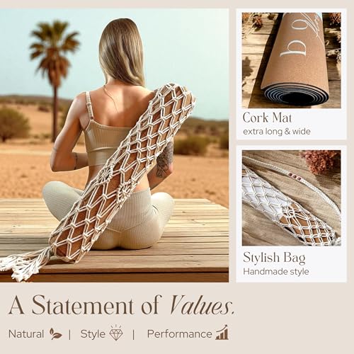 Premium Cork Yoga Mat Large 72"x26" – 5mm Thick Natural Rubber Cushioning - Non Slip Grip for Hot Yoga - Non-toxic & Odor-free - Stylish Alignment Lines & Elegant Boho Yoga Bag