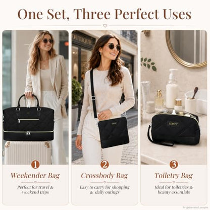ITIEZY Weekender Bag for Women 21.5" Travel Duffel Large Carry On Bag 3PCS | Nylon Duffel Bag with Waterproof Shoe Compartment, Crossbody Bag and Toiletry Bag, Travel Weekend Hospital Overnight Gym Bag - color: 8c-Black