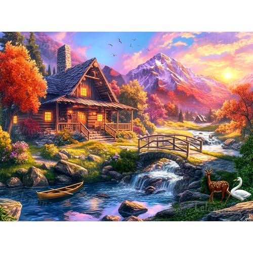 LELEMON Diamond Art Kits for Adults,Diamond Painting Kits for Adults | 5d Diamond Painting Kit with Diamond Art Accessories for Home Wall Decor 12 x 16inch - color: House&Mountain