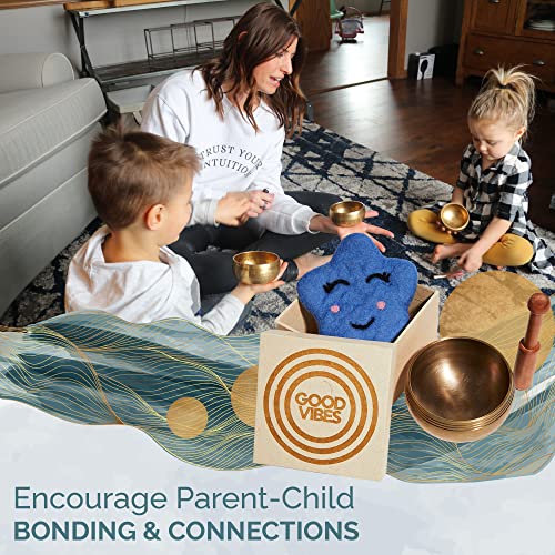Ohm Store Pure Bronze Tibetan Singing Bowl Set — Children's Musical Percussion Instrument for Meditation and Mindfulness Practices — Little Ohmies Skye Character Pillow and Bronze Sound Bowl - style: Skye