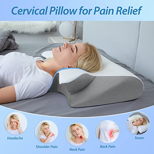 HOMCA Memory Foam Cervical Pillow, 2 in 1 Ergonomic Contour Orthopedic Pillow for Neck Pain, Contoured Support Pillows for Side Back Stomach Sleepers - color: Grey