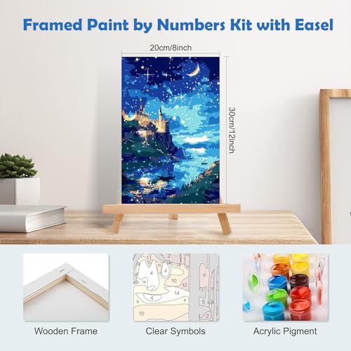 MOGTAA Paint by Numbers Kit for Adults with Frame, Starry Night Paint by Number Canvas, Lake Landscape Paint by Numbers with Easel, DIY Castle Oil Painting Kit for Home Wall Decor 8 x 12 Inch - color: Starry Night1
