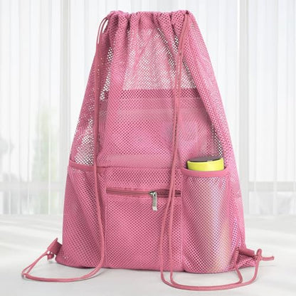 NATURAL STYLE Mesh Drawstring Backpack Bag, Gym Sports Bag with Zipper Pocket Bottle Holder, String Beach Bag for Swiming Travel (Pink) - color: Pink