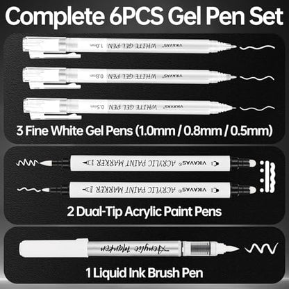 6PCS White Gel Pens for Dark Paper – 3 Fine Gel Pens (1.0mm, 0.8mm, 0.5mm) + 2 Dual-Tip Acrylic Paint Pens + 1 Liquid Ink Brush Pen for Adult Artists Journaling, Illustration, Lettering - style: 6 sizes