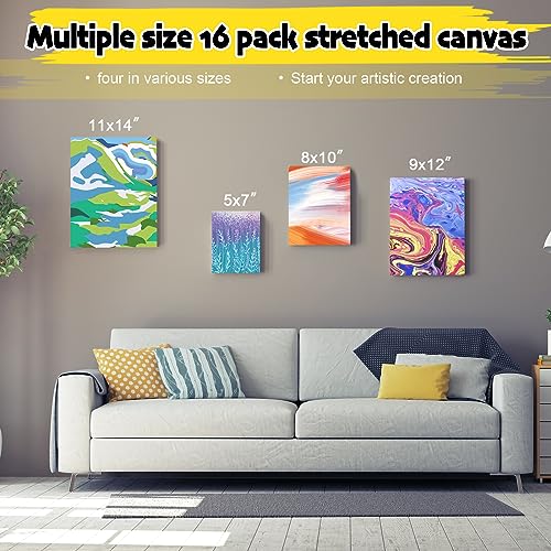Inburit 12 PCS Multi Size Stretched Blank Canvas for Acrylic & Oil Painting | 12 Pack Canvas Boards for Painting, Art Supplies Paint Canvas, 5x7, 8x10, 9x12, and 11x14 inches (3 of each) - size: 12PCS+(4sizex3)