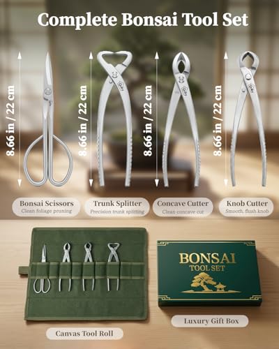 4-Piece Bonsai Tools Set with Tool Roll Bag and Luxury Gift Box | Bonsai Starter Kit, Include Concave Cutter, Knob Cutter, Trunk Splitter, Bonsai Scissors, Stainless Steel Bonsai Tree Kit