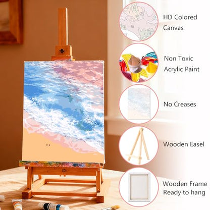 Muzagroo Art 4 Pcs Paint by Numbers Kits for Adults Framed Canvas with Wooden Easel DIY Beach Acrylic Oil Paintings Kits Paint by Numbers on Canvas Wall Art 8x12 inch (Beach) - color: Beach
