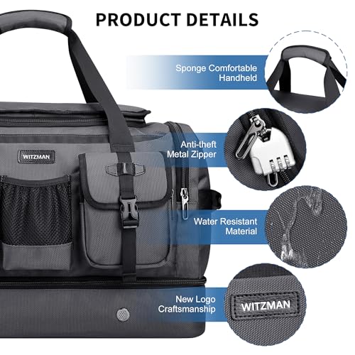 WITZMAN Duffle Bag for Men 55L Nylon Travel Weekender with Shoe Compartment - color: Silvery Grey
