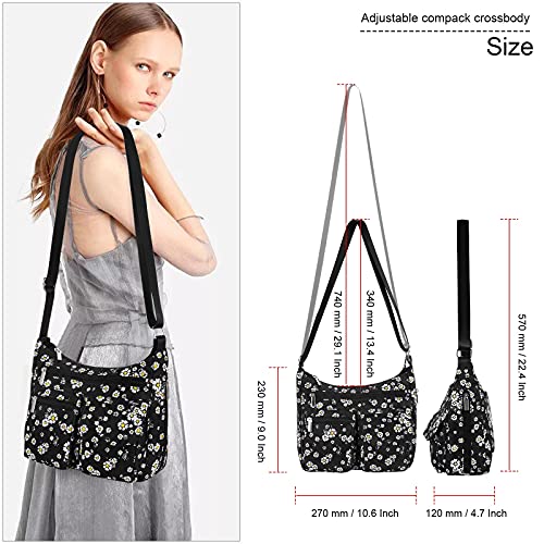 Kamo Crossbody for Women - Multi-pocket Shoulder Lightweight Messenger Casual Printed Purse Handbag Travel Bag - color: Black - Daisy