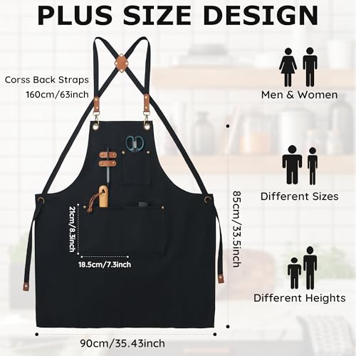 Plus Size Canvas Aprons with 3 Pockets Adjustable Cross Back Strap Unisex | Water Resistant, Men Women, Heavy Duty Work Bib Apron for Men Women Chef Cooking Kitchen Grilling Gardening BBQ Barber Server - color: Black