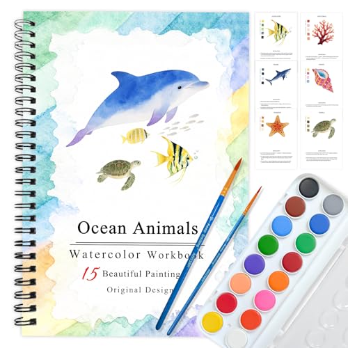 SLWBZ Watercolor Workbooks Coloring Book, Beginner Friendly Painting Kit, Easy Exquisite with Steps, Creative Exploration Watercolor Book with Paint Set for Adults Teens (Dolphin, with Paint) - color: Cute Dolphin, size: With paint