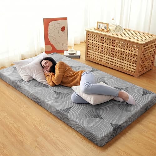 Japanese Floor Mattress,3.5" Thicken Futon Mattress Tatami Mat Twin | with Non-Slip Bottom,Removable Washable Cover,Foldable Mattress Tatami Mat Sleeping Pad,Grey Geometric,(80‘’x36‘’) - color: Ma1-grey Geometric, size: Twin (80" X 36")