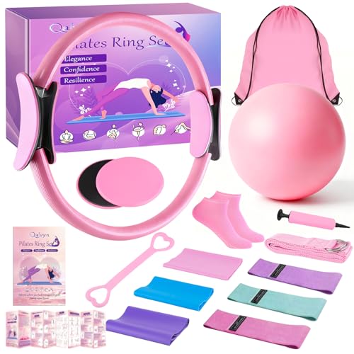 Home Pilates Kit for Women, Pilates Ring Set, Pilates Equipment Kit for Women Home Workouts, Pilates Essentials Kit with Pilates Ring and Ball, Resistance Bands for Strength, Toning, Flexibility - color: Pink-15 inch Ring