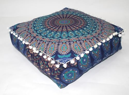 CRAFT KALA Blue Peacock 대형 히피 만다라 명상 바닥 오토만 베개 쿠션 푸프 커버 스퀘어 푸프 보헤미안 원형 바닥 쿠션 케이스 야외 벽난로 요가 거실 장식 40.6cm 정사각형 - color: 블루., size: 16"D x 16"W x 5"H