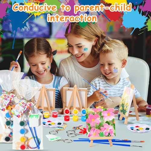 HyDren 24 Sets Kids Art Paint Party Favors 4x4 Canvas Easel Acrylic Paint | Back to School Paint Palette Brush Sticker Puffy Sticker Keychains for Adults Summer Vbs Party Supplies