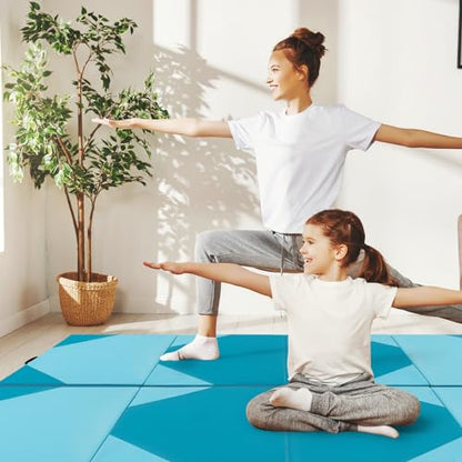 Giantex 4'x10'x 2" Gymnastics Mat, 4-Panel Folding Aerobics Exercise Mat w/Hook & Loop Fastener, Carrying Handle, Portable Tumbling Mat for Stretching Yoga Cheerleading Martial Arts - color: Light Blue/Blue