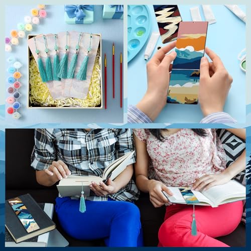 Kosiz 12 Pcs Mountain Paint by Number Kit for Adult Wood Bookmark | Mini Paint by Numbers Kit, Painting Decor, Tassels Blank Bookmarks, for Small DIY Craft Book Lovers Gift 7x2 '' - style: Mountain