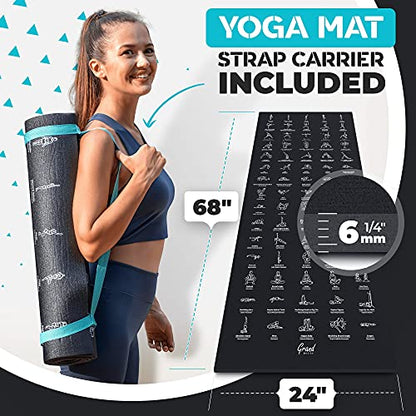 Instructional Yoga Mat with Carrying Strap: Cute Yoga Mat with 75 Illustrated Yoga Poses + 75 Easily-Followed Stretching Exercises - 1/4” Thick, Non-Toxic, Non-Slip Yoga Mats for Women and Men - color: Jet Black (68" x 24")