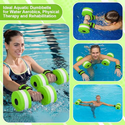 Hollowfly 6 Pcs Water Aerobics Equipment Set Full Body Pool Exercise Kit, 2 Aqua Dumbbells, 2 Adjustable Ankle/Wrist Weights, 2 Webbed Swim Gloves, Low Impact Aquatic Workout Gear - color: Green, size: 2.5lb