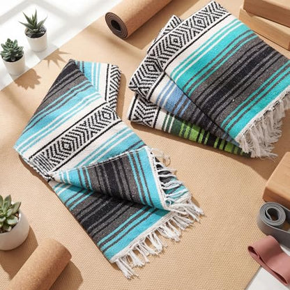 Oudain 4 Pcs Mexican Blankets Bulk Handwoven Mexican Yoga Blanket Towel Colorful Falsa Serape Woven Throw Blanket Boho Beach Blankets for Outdoor Camping Beach Picnic Travel Home (Blue Green) - color: Blue Green