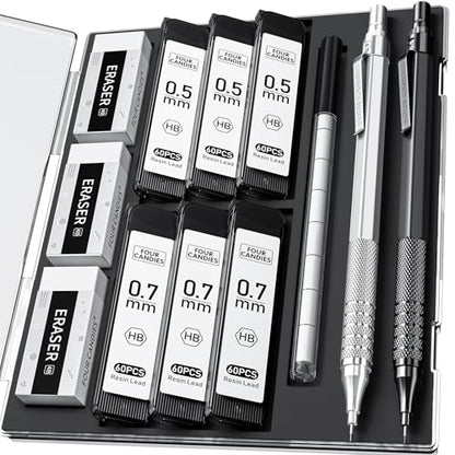 2PCS Metal Mechanical Pencil Set, 0.5mm+0.7mm, Storage Case, Black＆Silver | 360 Lead Refills, 3 Erasers, 9 Eraser Refills, Smooth Writing, Anti Grip, for Sketching, Technical Drawing, Art Projects - color: Silver+Black (2PCS)