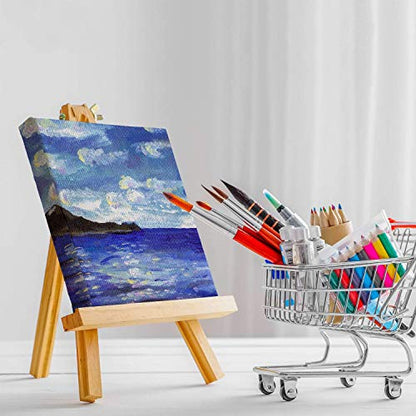 U.S. Art Supply 5" x 5" Stretched Canvas with 8" High Small Natural Wooden Easel (12 Pack), A-Frame Canvas Stand Tripod, Small Painting Easels - Tabletop Easel for Painting, Canvases, Student Crafts - size: 8" Easel & 5x5 Canvas - 12-pack