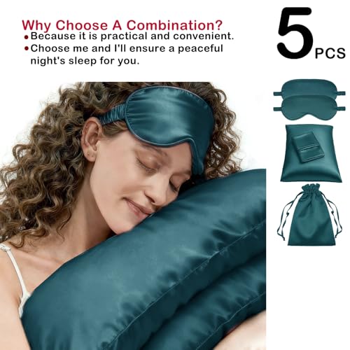 5Pcs Silky Sleep Mask Eye Masks Breathable Soft Satin Pillowcases Set for Sleeping Similar to Silk Pillowcase Travel Gift - color: Peacock Blue-queen Size