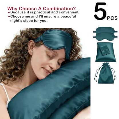 5Pcs Silky Sleep Mask Eye Masks Breathable Soft Satin Pillowcases Set for Sleeping Similar to Silk Pillowcase Travel Gift - color: Peacock Blue-queen Size