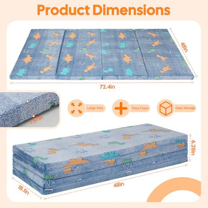 MeMoreCool Kids Floor Mattress, 48x72 Inch Foldable Play Mat, Dinosaur - color: Denim Dinosaur