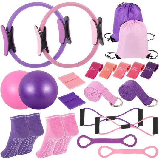 21 Pcs Pilates Ring Circle Set for Women, Includes 9.8 in Ball Yoga, Ring Stretching, Strap Bands, Non Slip Socks, Back Bags for Workout, Commonly Used for Yoga, Pilates, Stretching, Fitness