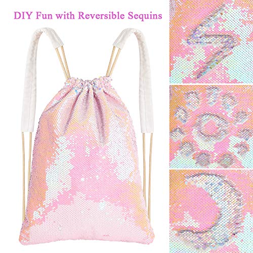 MHJY Sparkly Reversible Sequin Drawstring Backpack for Sports Gym Beach | Sparkly Reversible Sequin Mermaid Backpack With Creative DIY, Featuring Inside Pocket & Drawstring For Dance Swim - color: Mermaid Pink
